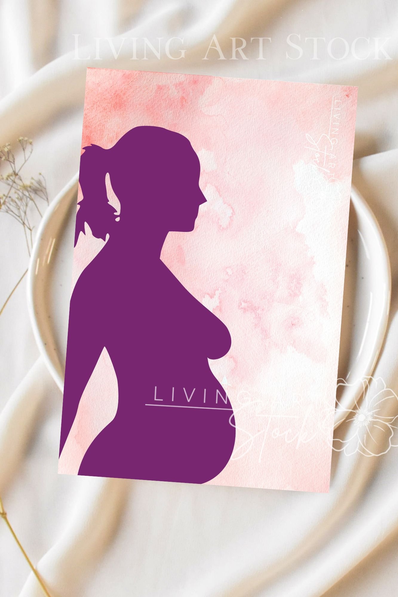 This striking digital illustration features a solid deep purple silhouette of a pregnant woman shown from the side in profile. The subject has her hair tied back in a ponytail, highlighting her serene posture and baby bump. The figure is set against a vib