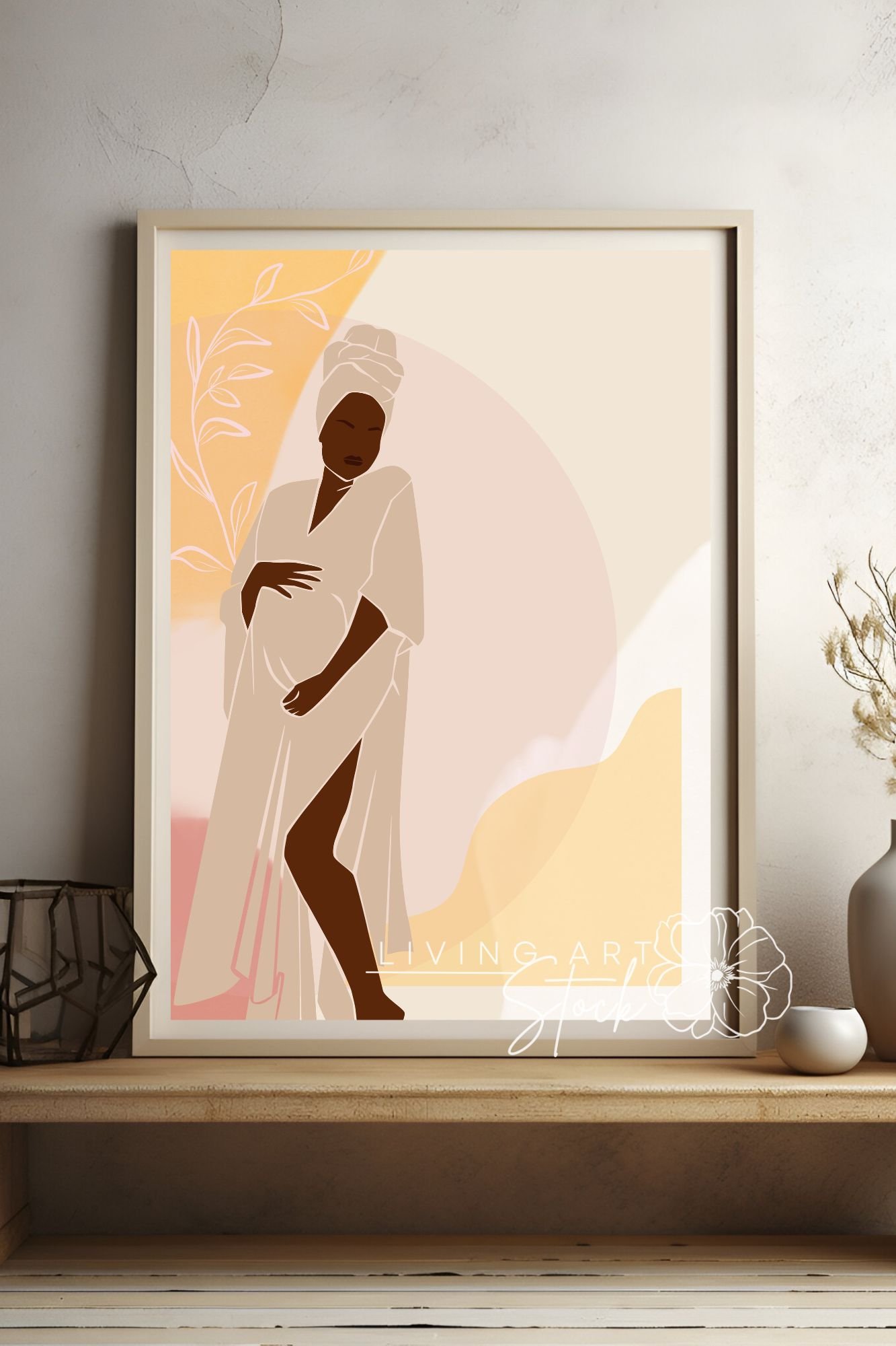 This chic digital illustration features a faceless Black woman with dark skin, elegantly posed while cradling her baby bump. She is dressed in a flowing, taupe-colored spa robe or wrap with a high slit and a matching head towel, evoking a sense of luxury,