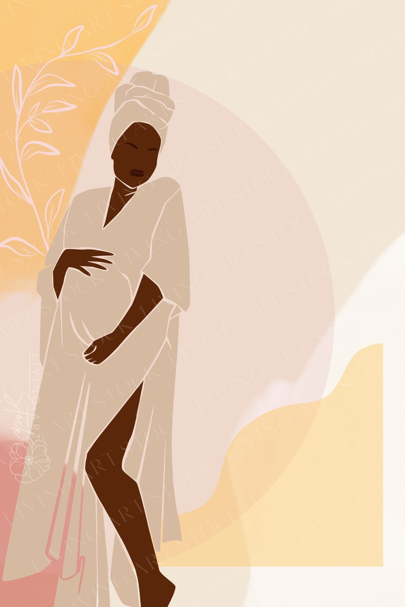 This chic digital illustration features a faceless Black woman with dark skin, elegantly posed while cradling her baby bump. She is dressed in a flowing, taupe-colored spa robe or wrap with a high slit and a matching head towel, evoking a sense of luxury,