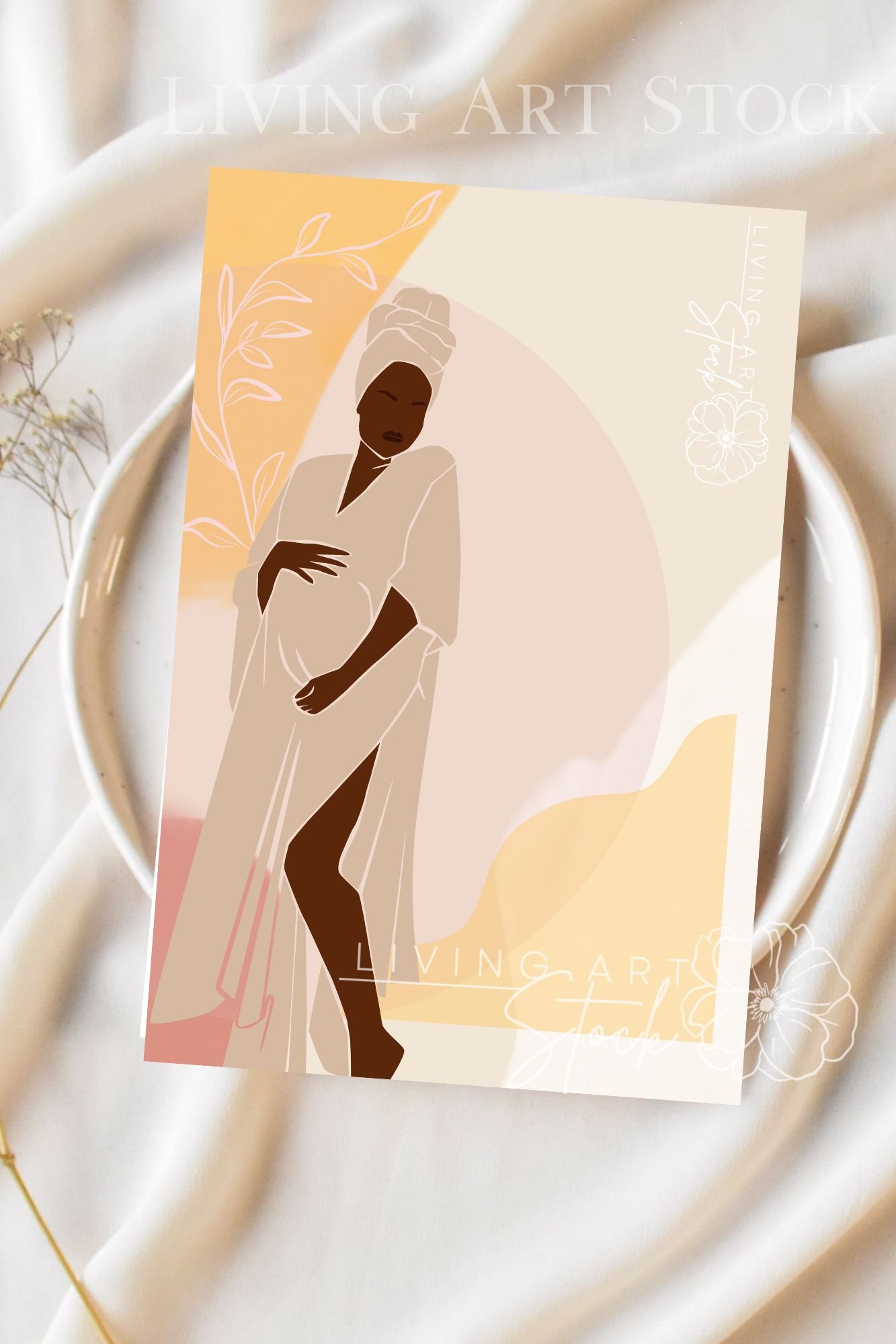 This chic digital illustration features a faceless Black woman with dark skin, elegantly posed while cradling her baby bump. She is dressed in a flowing, taupe-colored spa robe or wrap with a high slit and a matching head towel, evoking a sense of luxury,