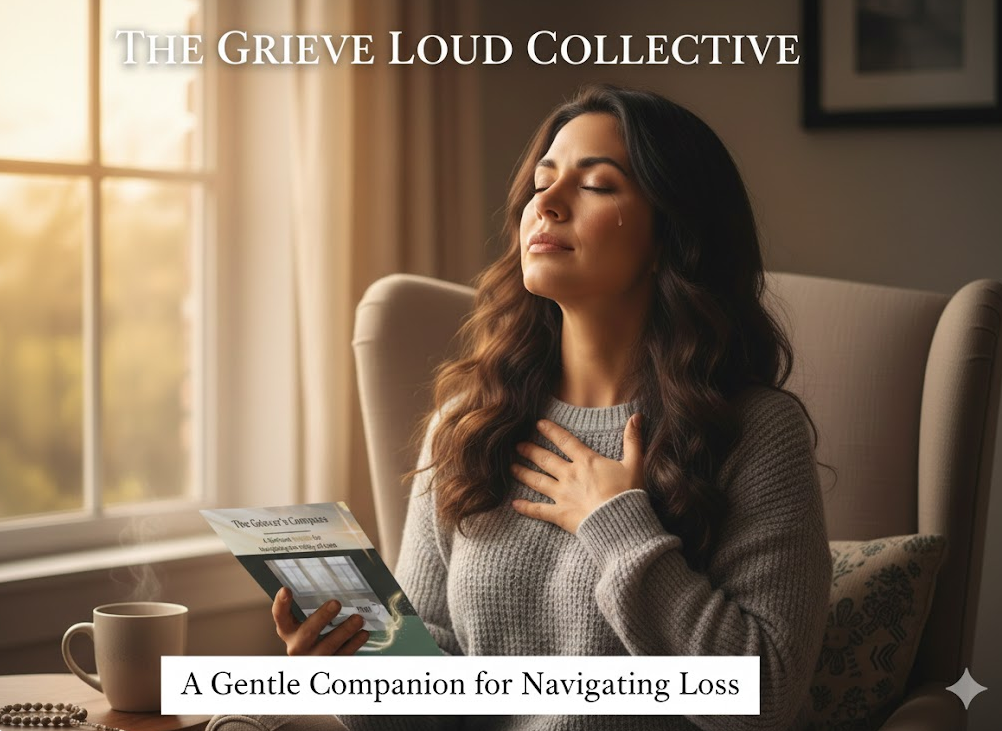 lady holding with hand over heart grieving a loss and engaging in a grief tool