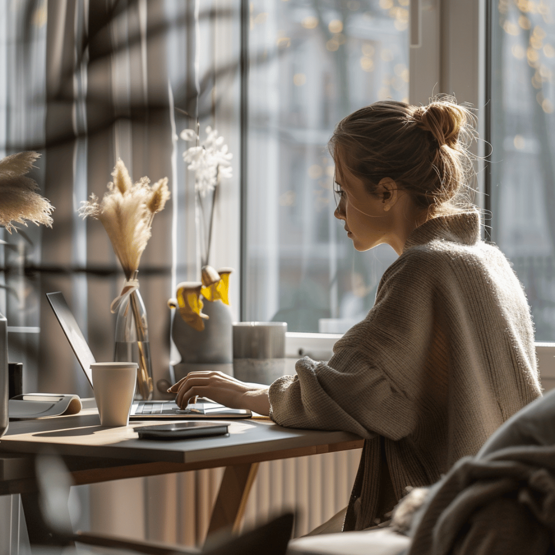 A female working on a laptop next to a large window. there are vases with plants on the table and a coffee cup.