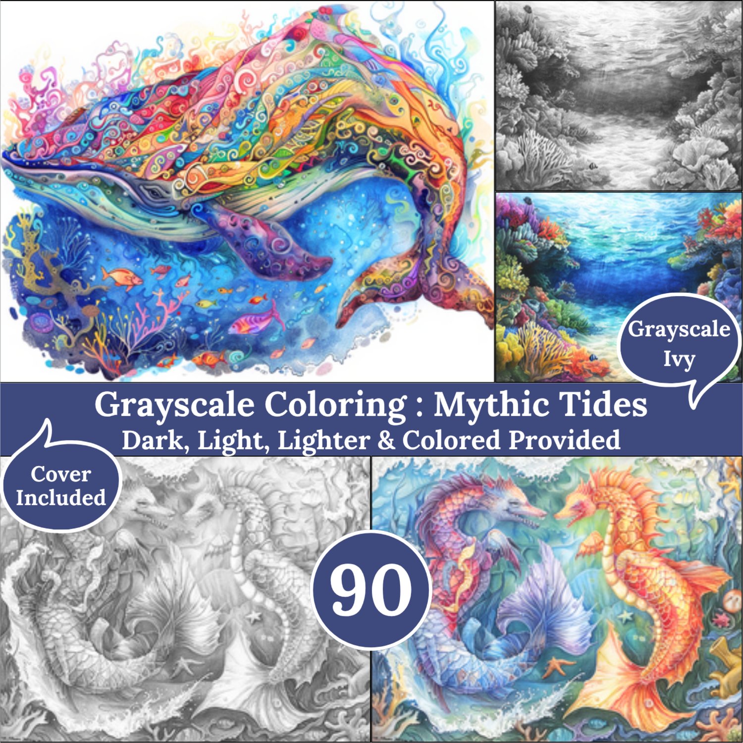 Mythic Tides, 90 Coloring Pages, Grayscale Drawings, Dark Light Lighter and Colored Versions,  Digital Art Sheets, Undersea Landscape