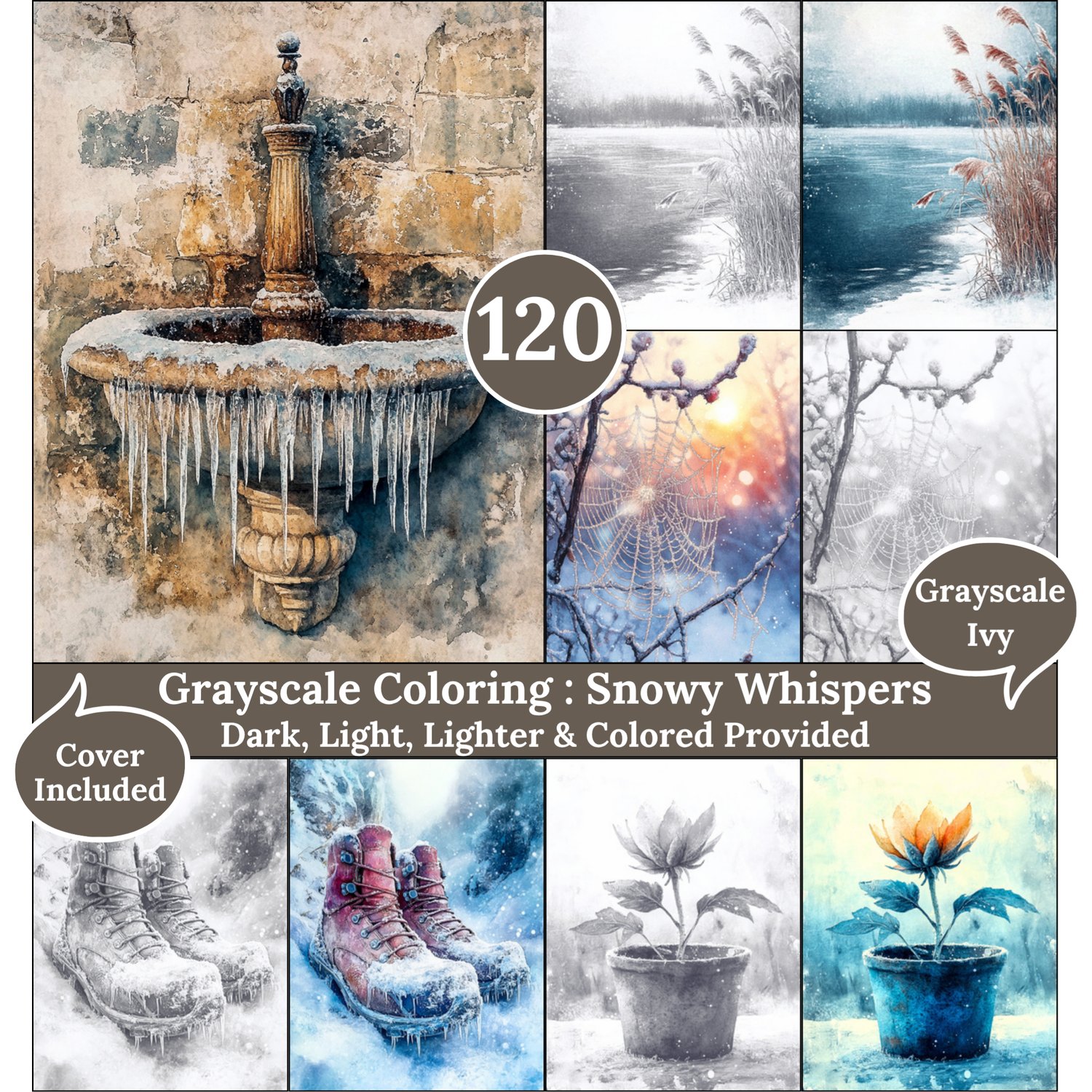 Snowy Whispers, 120 Coloring Pages, Grayscale Drawings, Dark Light Lighter and Colored Versions,  Digital Art Sheets, Winter Frosted Scene