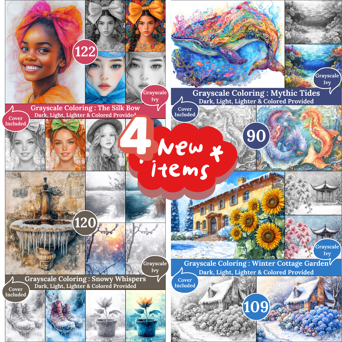 Grayscale Ivy New Arrivals — January 17, 2026 4 New Grayscale Coloring Books for Adults – Printable Digital PDFs