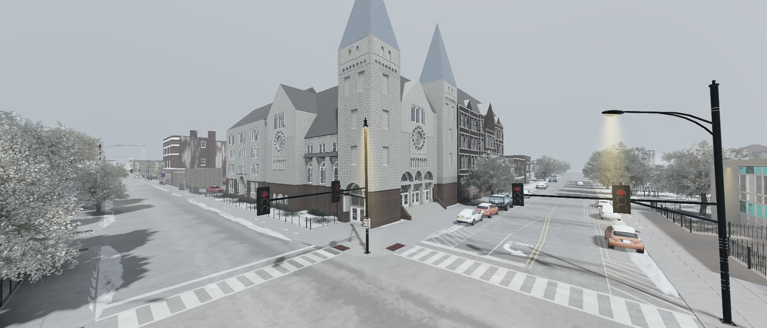 Close-up of realistic Chicago-style architecture in winter Roblox