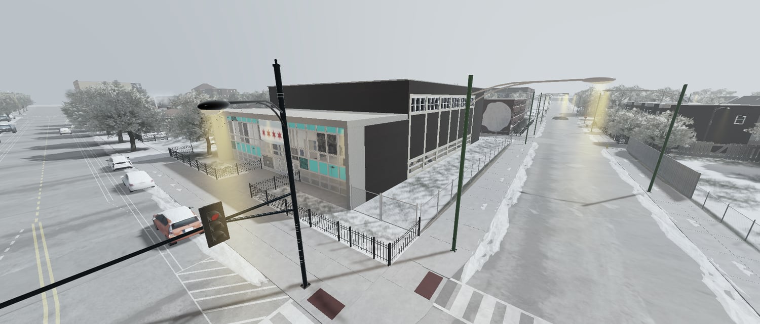 Snow-covered sidewalks and roads in detailed Roblox city map