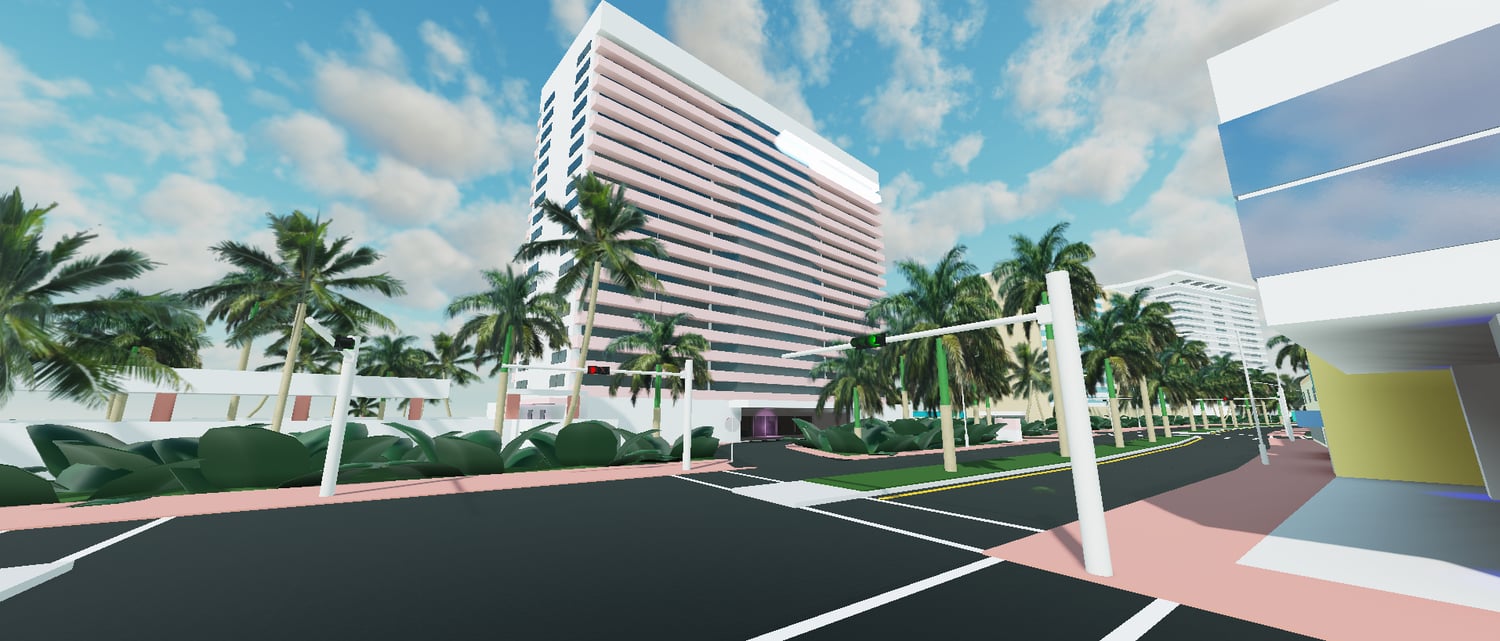 Street-level view of a budget-friendly Roblox city map