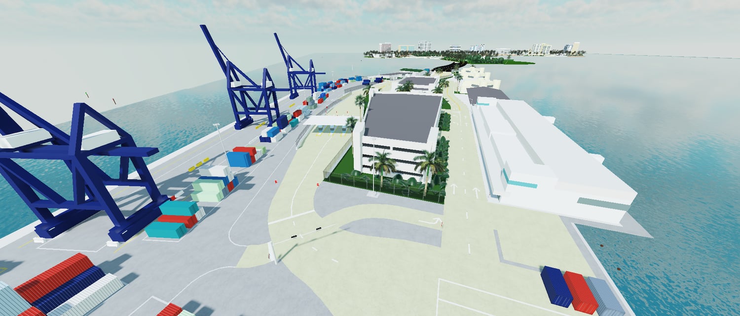 Explorable urban zone with enterable places in Roblox