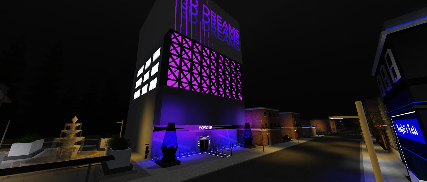 Detailed hood-style architecture during nighttime Roblox map