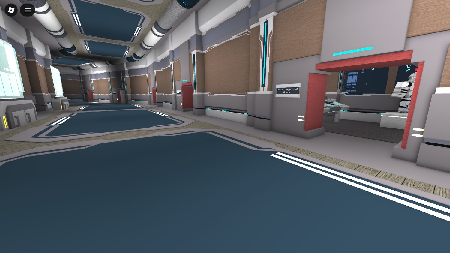 Futuristic city skyline with border checkpoint in Roblox