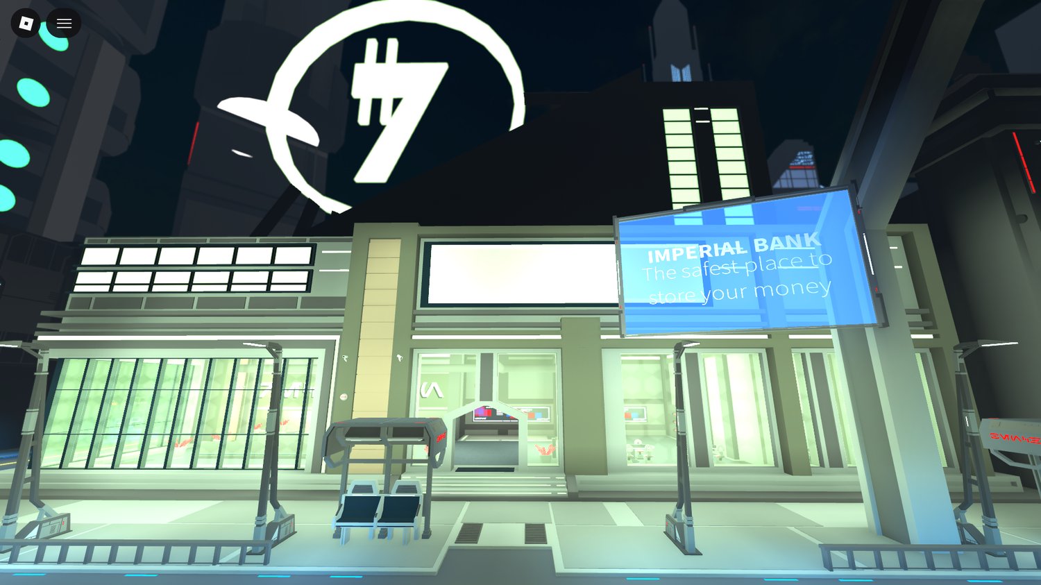Bank building in a large urban sci-fi environment Roblox