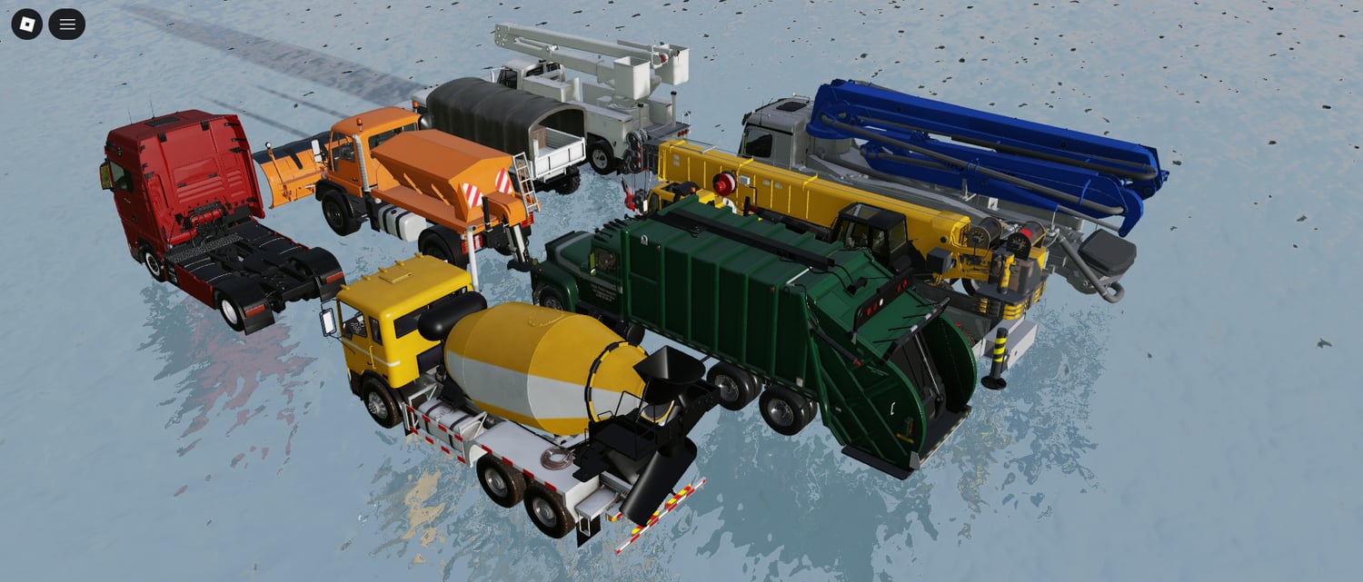 Front view of 8 driveable trucks in Roblox including trash and construction