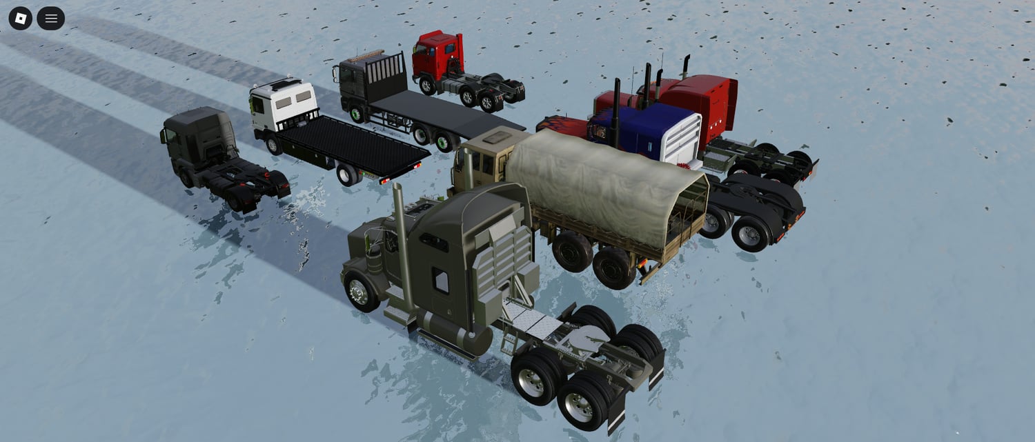 Front view of 8 trucks in Roblox city environment