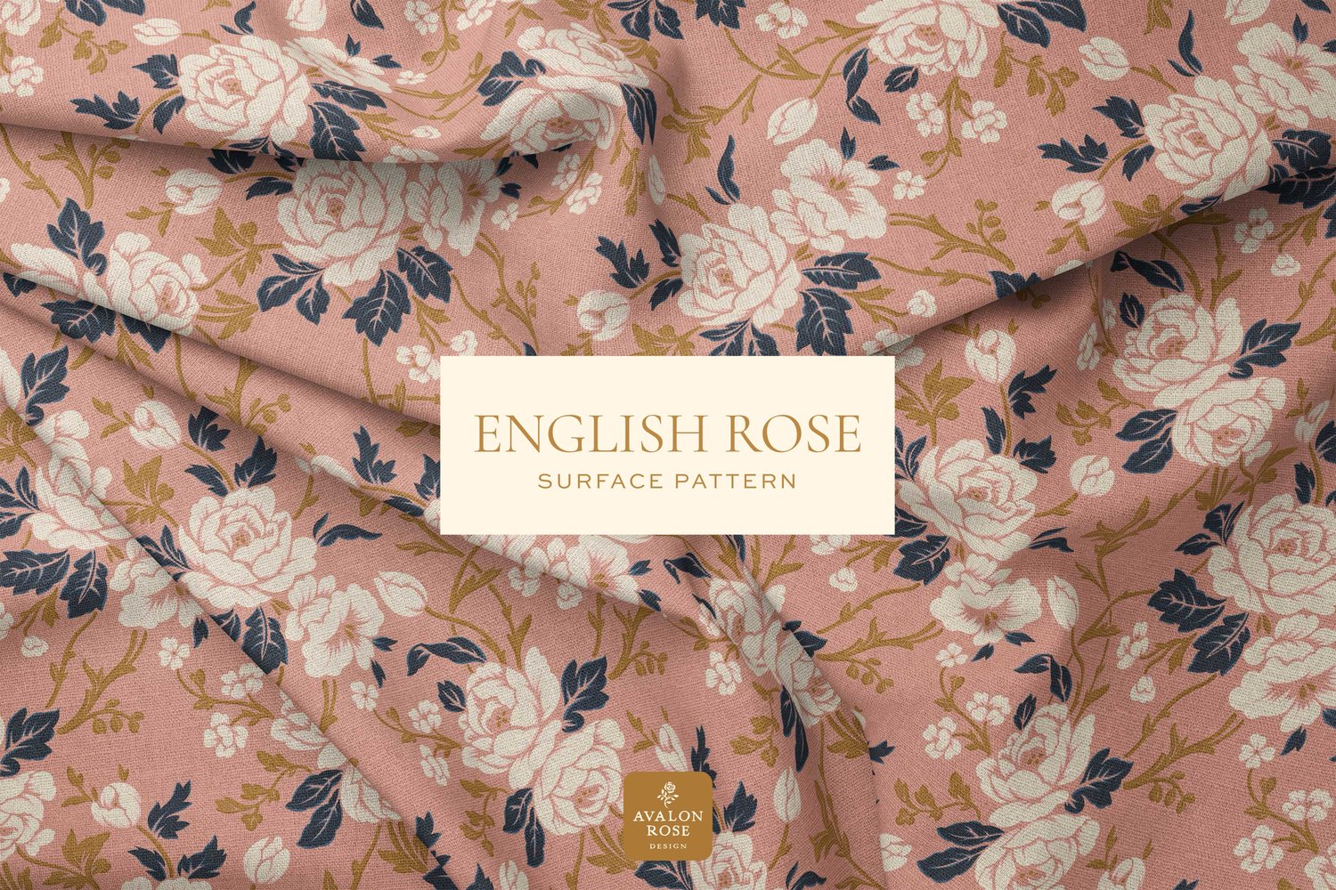 Fabric with a pink cream and navy rose pattern