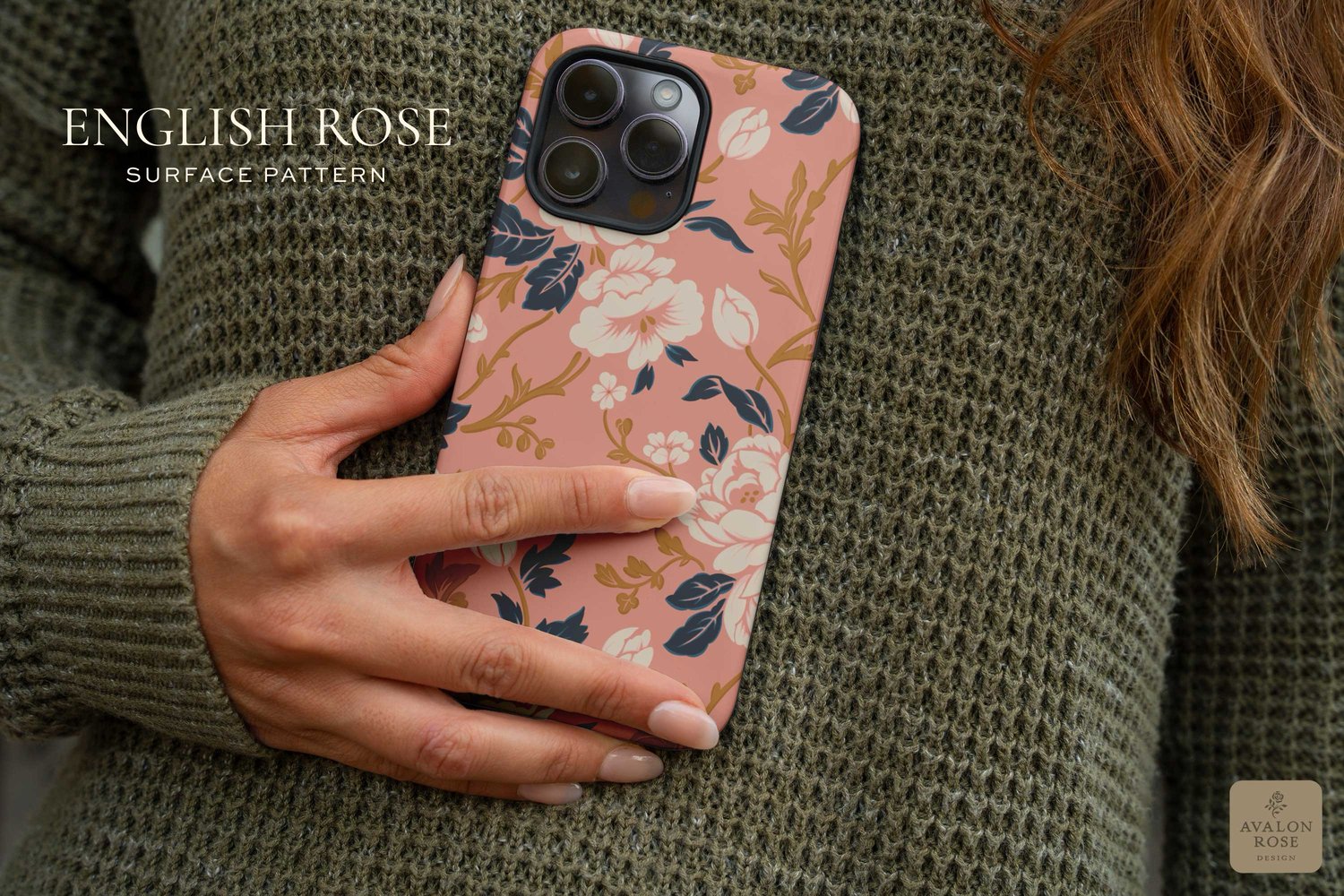 Phone case with a pink white navy and gold rose pattern