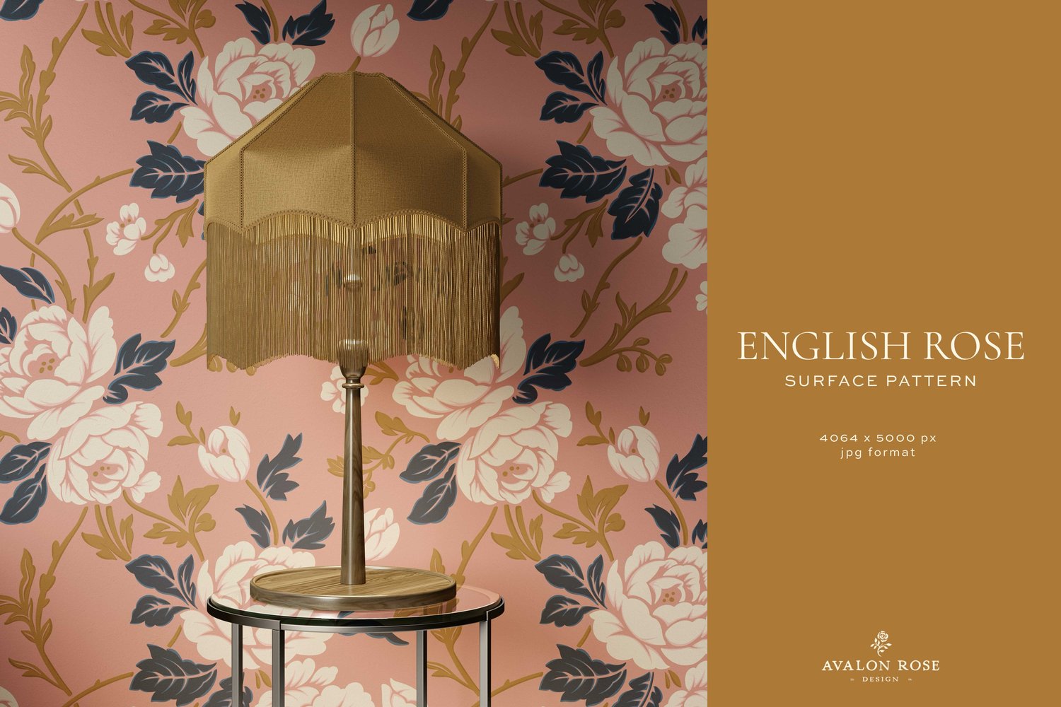 Pink navy cream and gold vintage rose wallpaper with a gold lamp