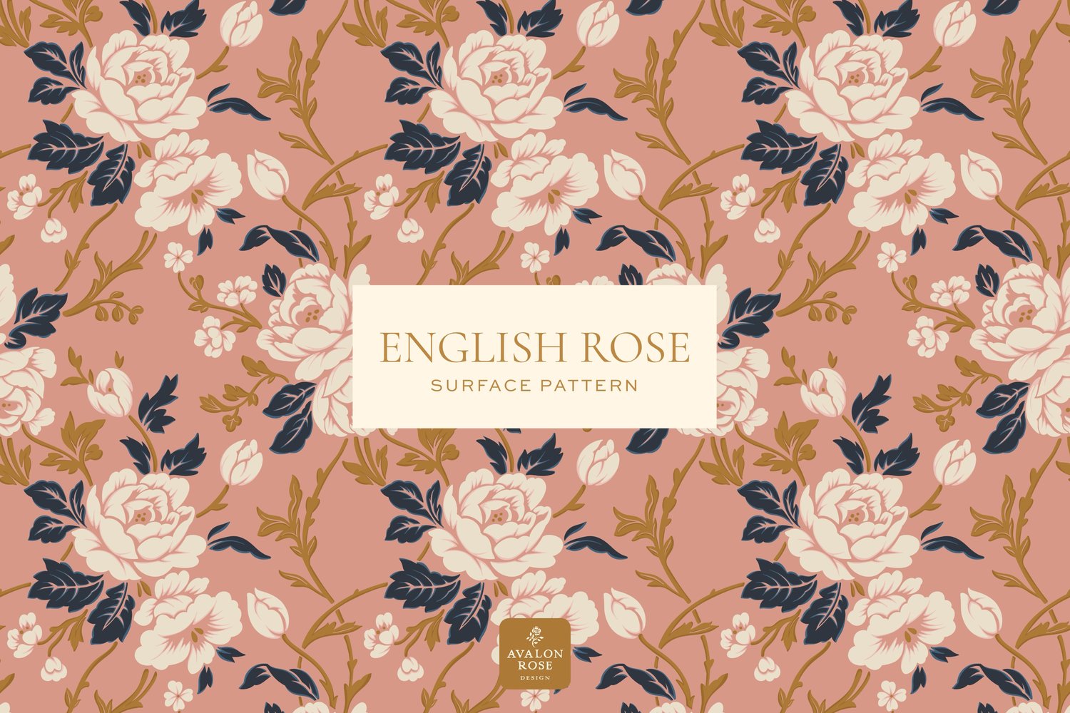 Pink cream navy and gold vintage rose pattern design