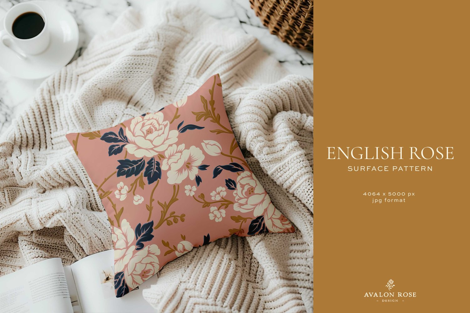 Pillow with a pink white navy gold rose pattern