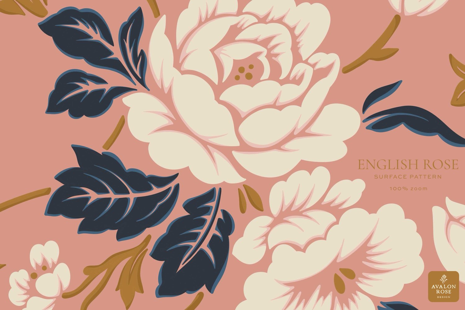 Illustration of a cream rose with navy leaves on a pink background