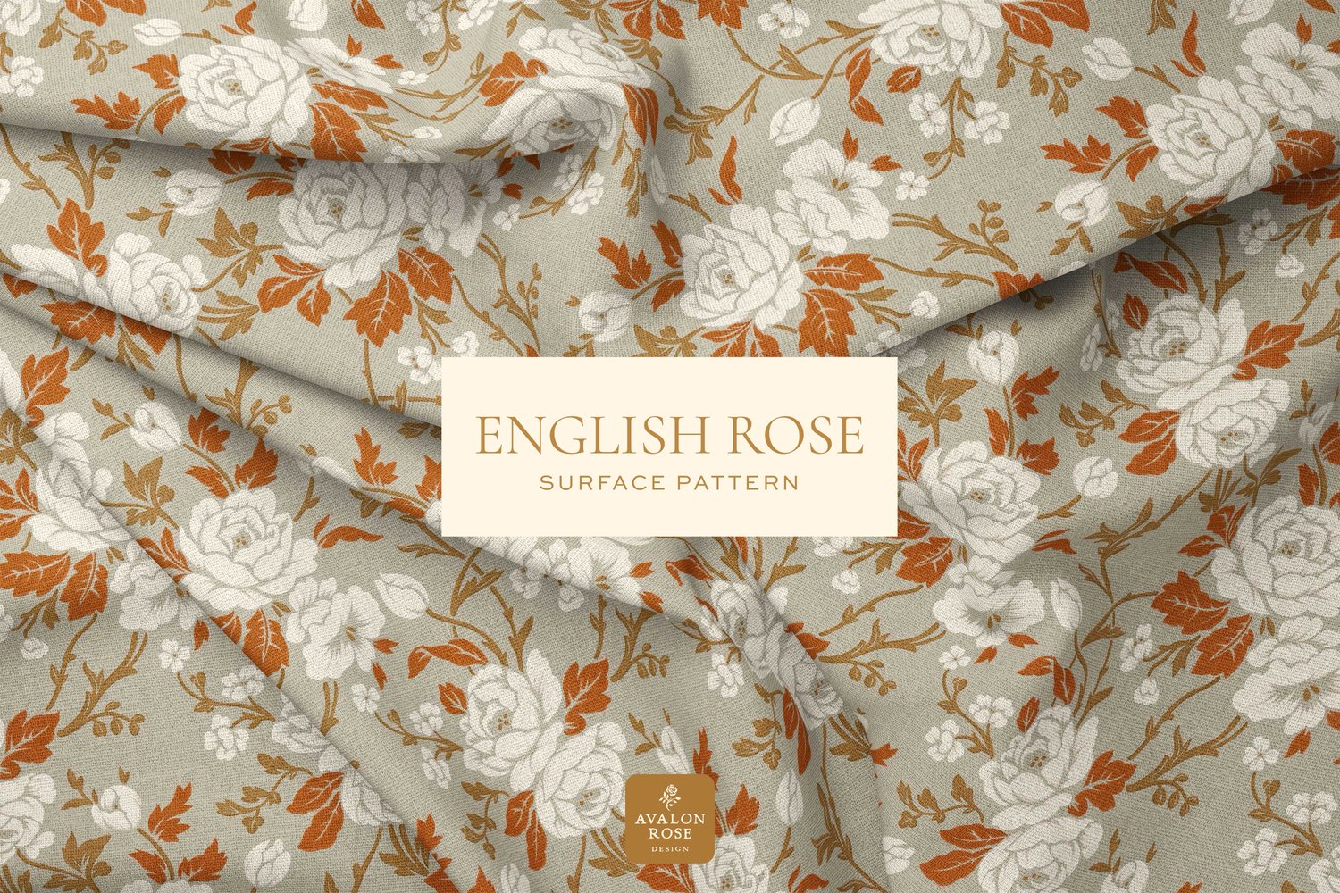Fabric with beige,white, gold, and orange vintage rose pattern