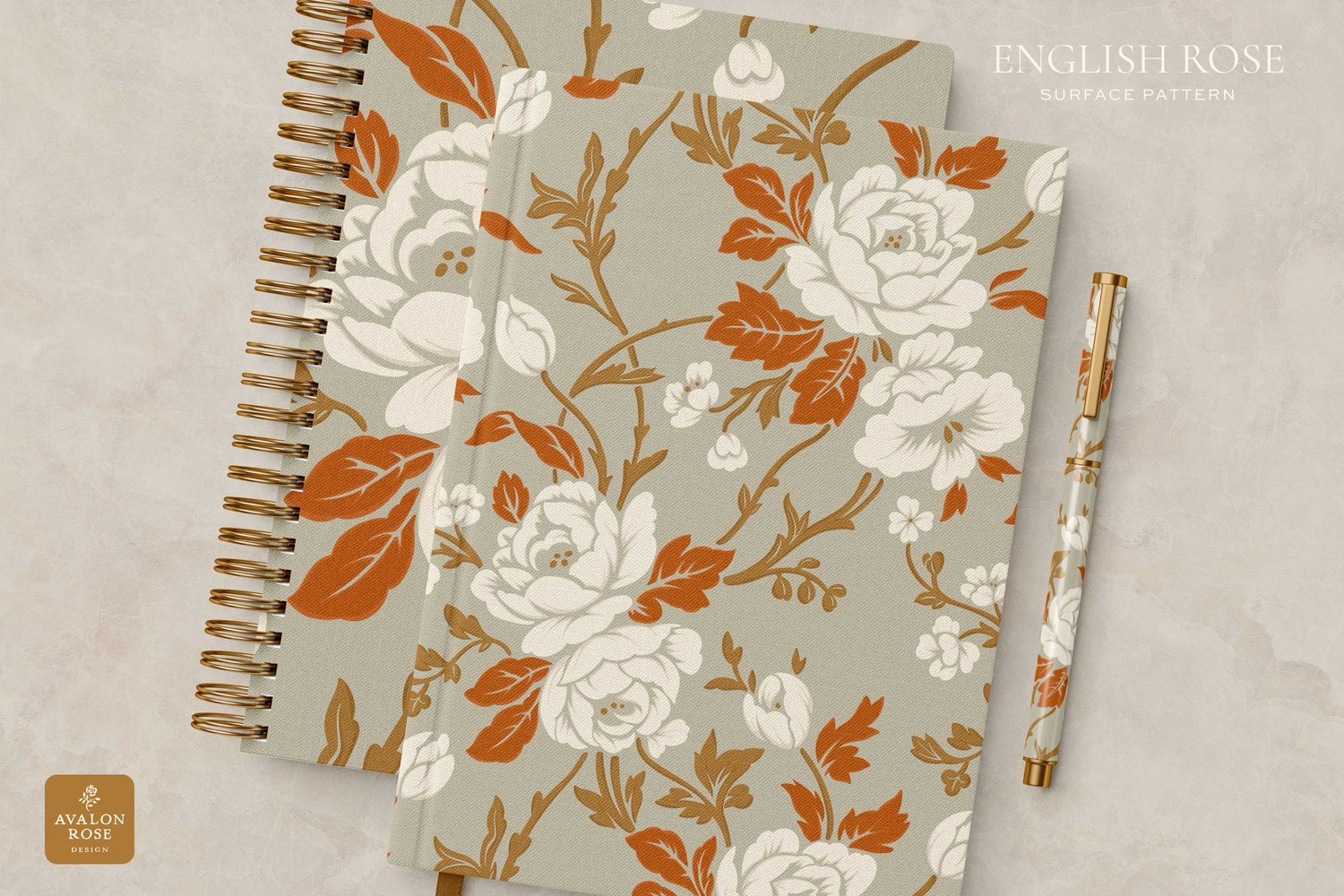 Notebooks with a vintage rose beige, orange, white and gold pattern