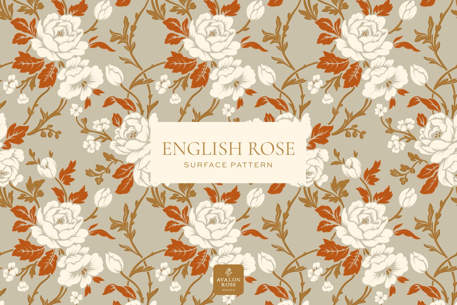 Surface pattern featuring white, orange, gold, beige vintage roses