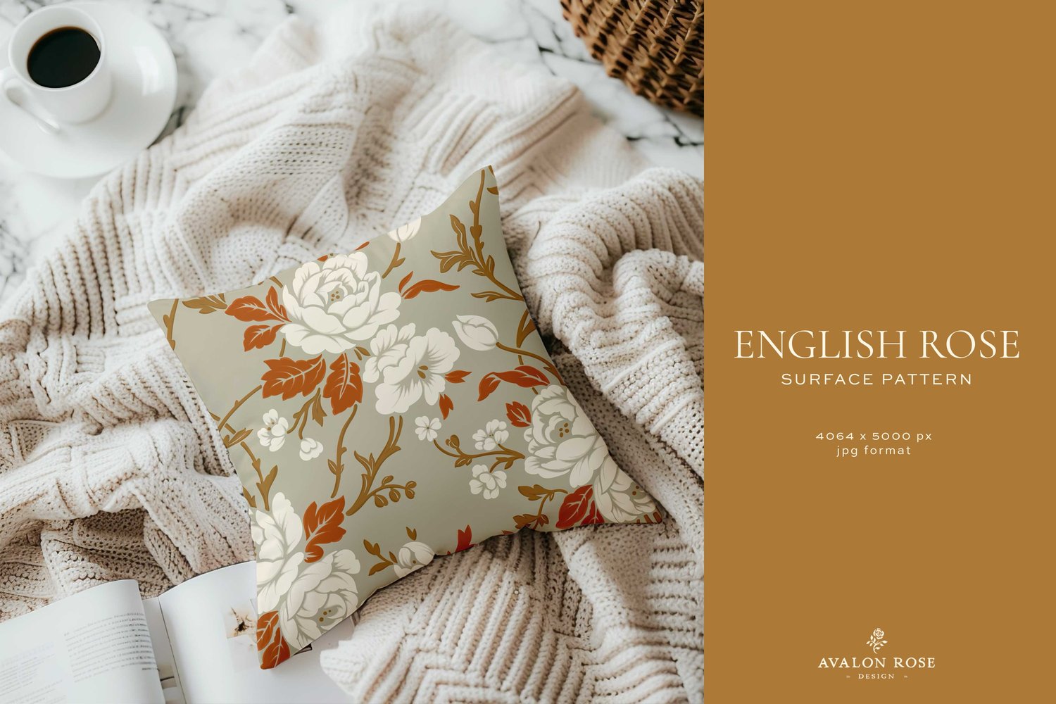 Pillow with a vintage rose pattern in beige, white, gold, and orange