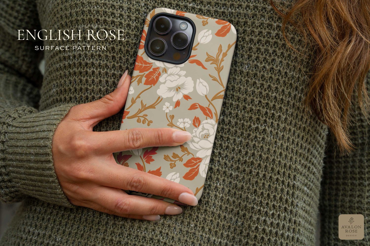 Phone case with a vintage rose pattern in beige, gold, white, and orange