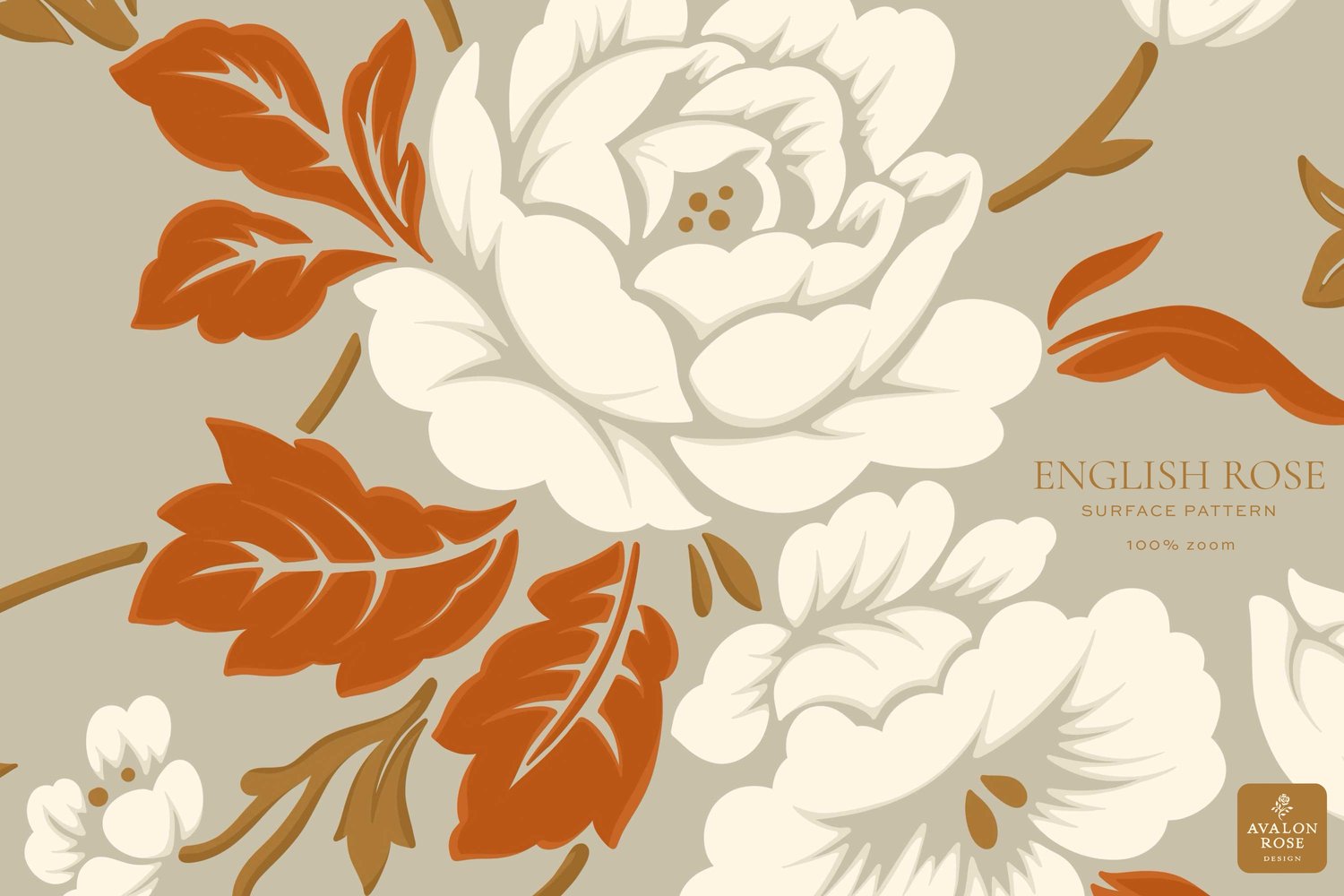Vintage rose illustration in beige, white, gold and orange