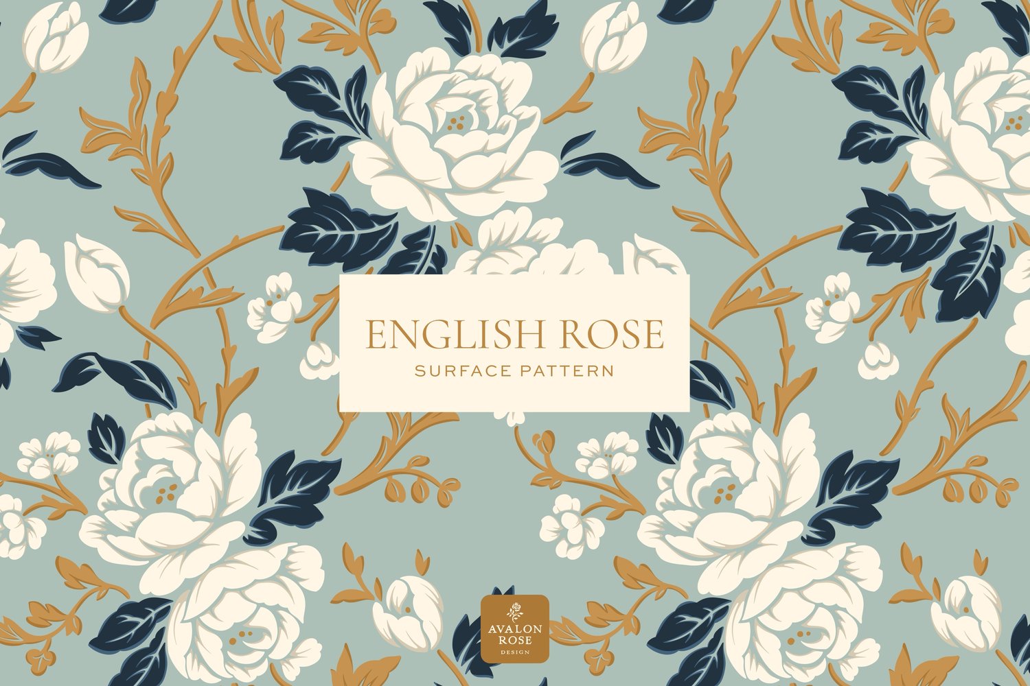English rose surface pattern in navy blue gold white