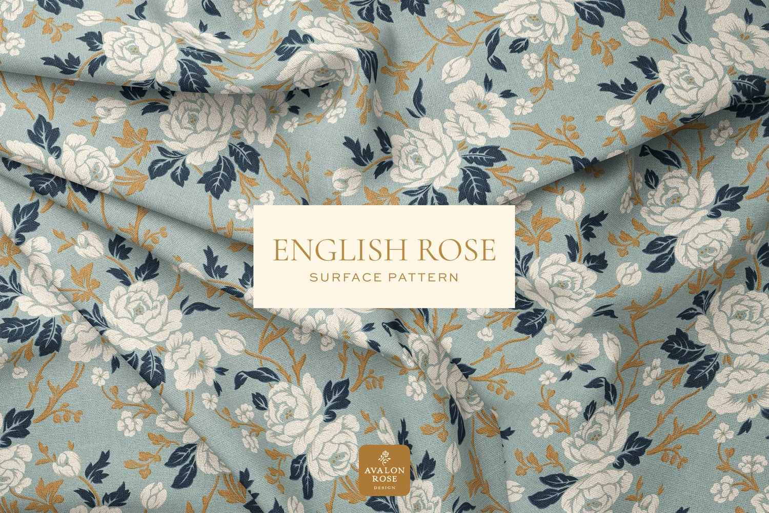Fabric with a vintage rose pattern in navy blue, gold, white