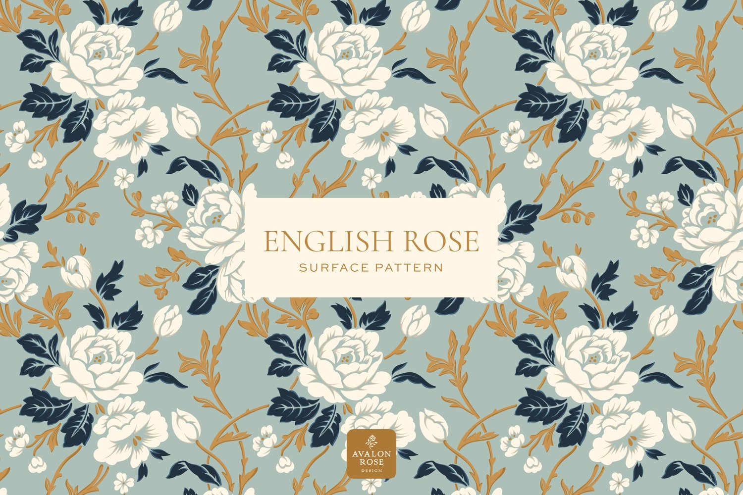 English rose surface pattern in navy blue gold and white