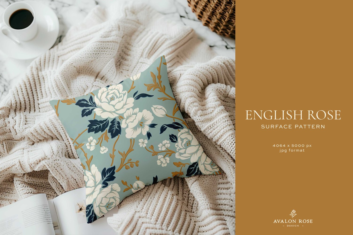 Pillow with a blue, navy, gold, white vintage rose pattern