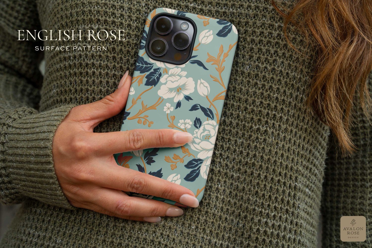 Phone case with a vintage rose pattern in navy blue white and gold
