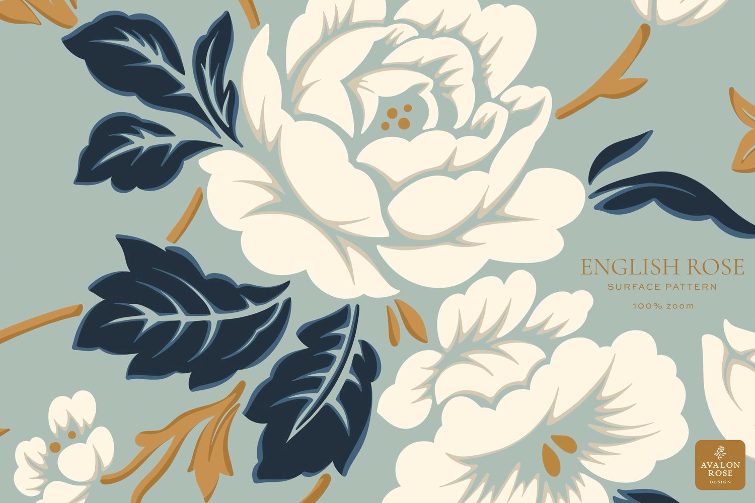 Vintage rose illustration in white gold and navy on a light blue background