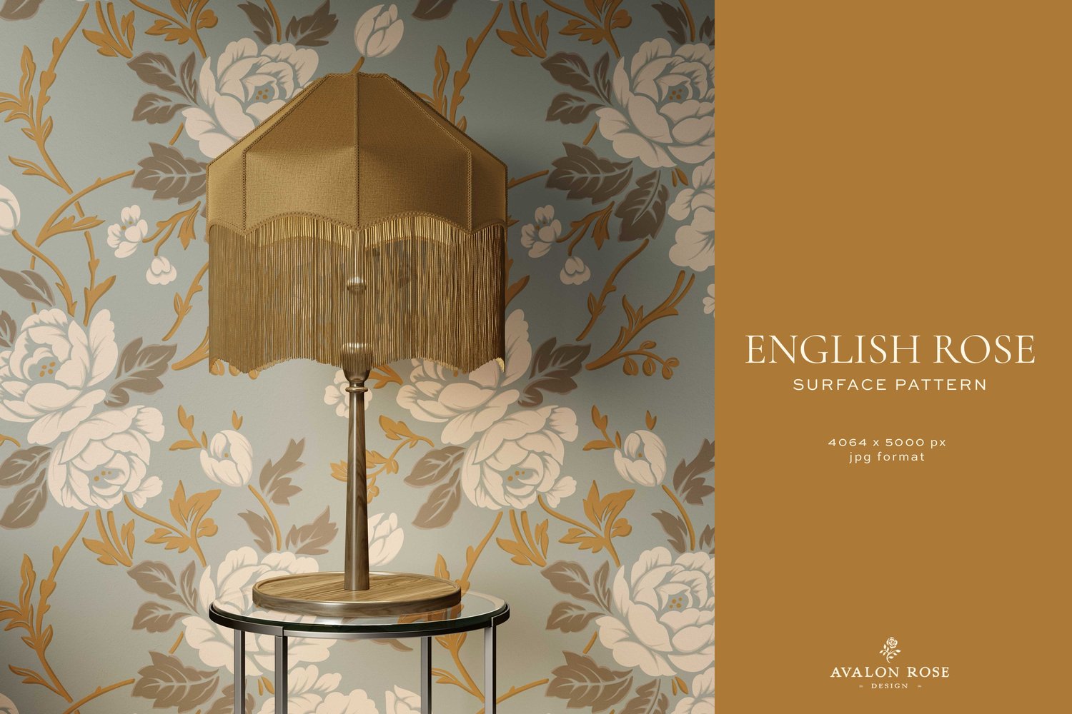 Room with vintage rose wallpaper in muted blue gold and cream with a gold lamp