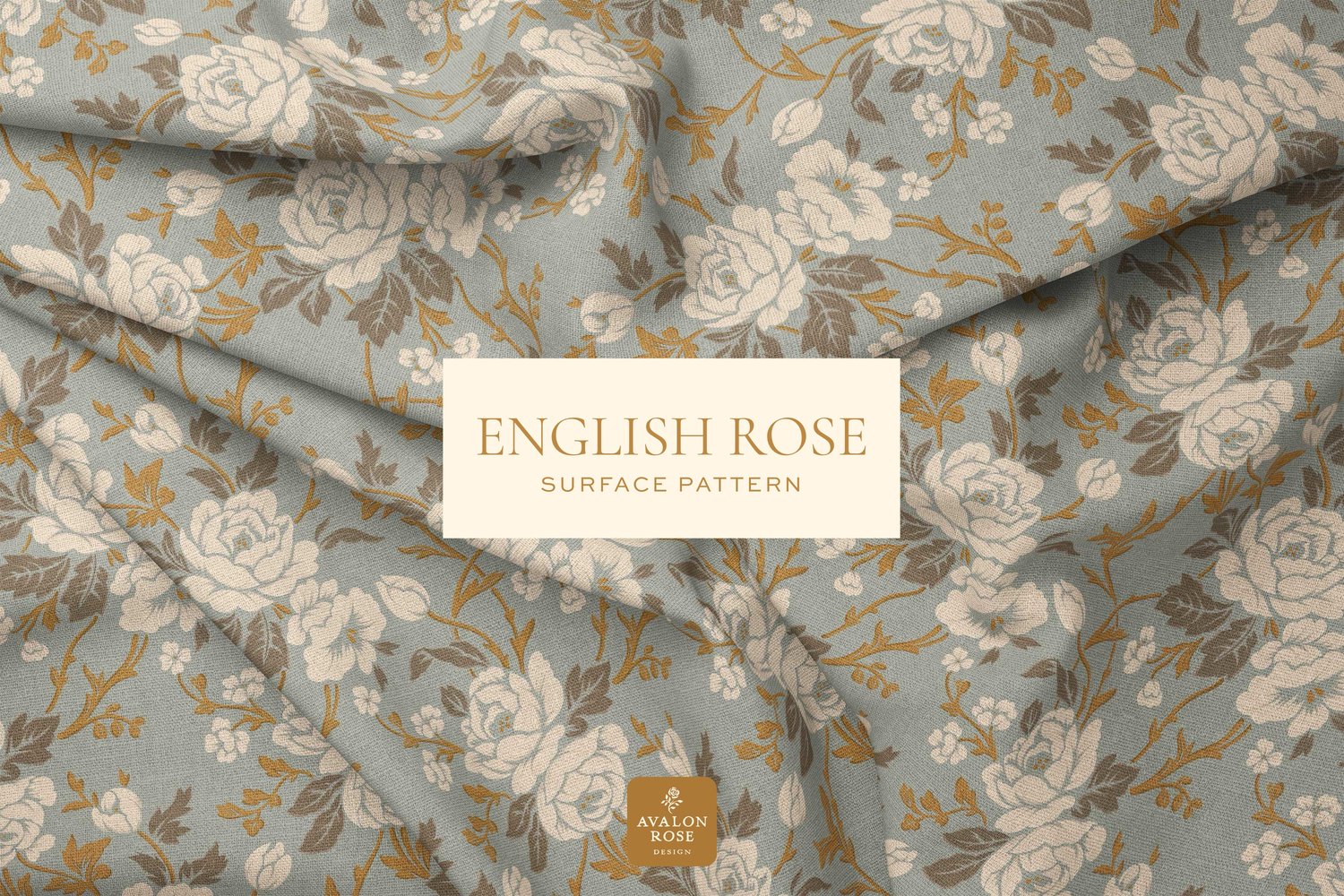 Vintage rose fabric in muted blue gold and cream