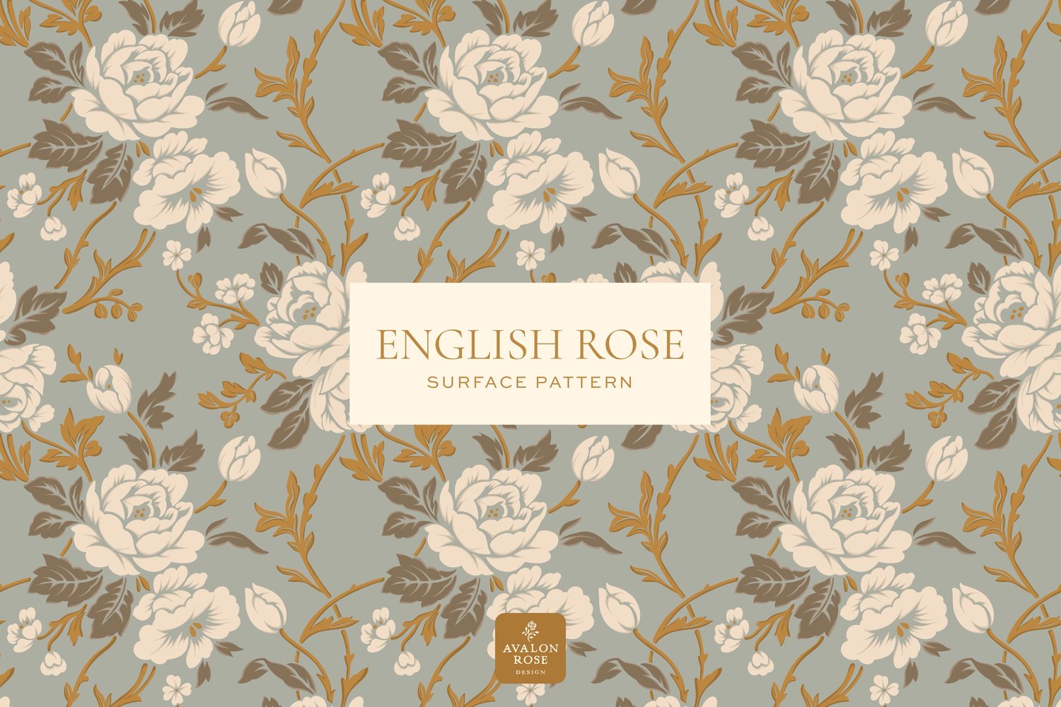 English rose surface pattern in muted blue cream and gold