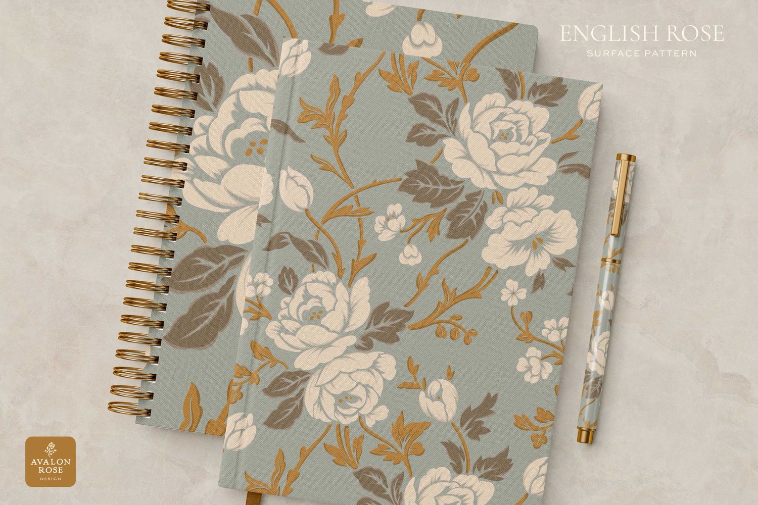 Notebooks with a vintage rose pattern in muted blue cream and gold
