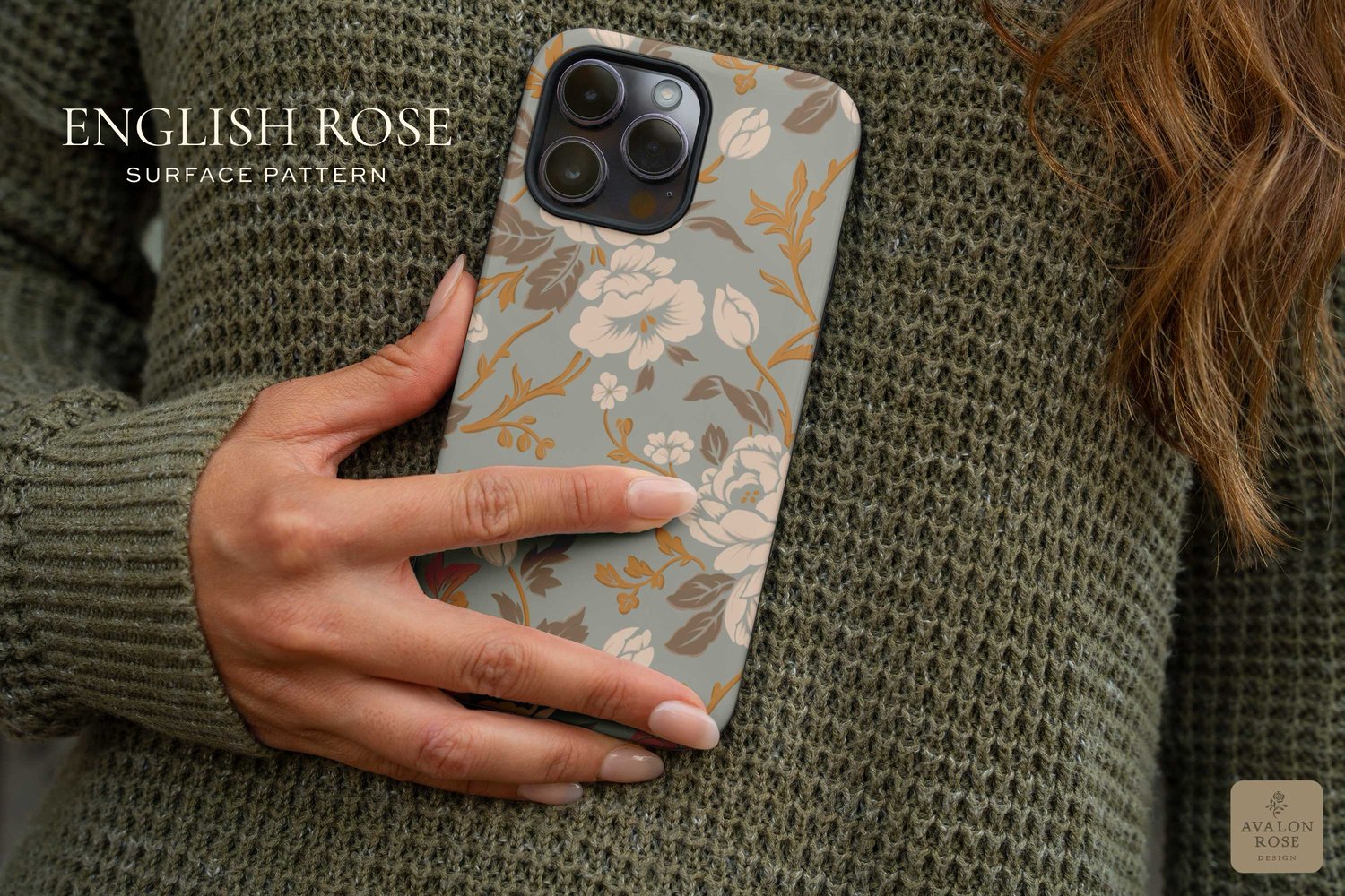 Phone case with a vintage rose pattern in muted blue gold and cream