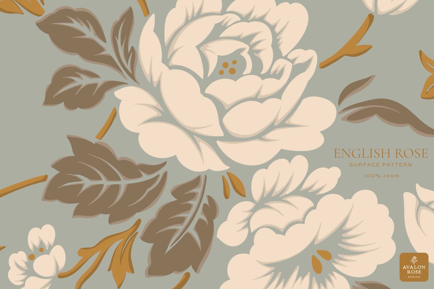 vintage rose illustration in muted blue gold and cream