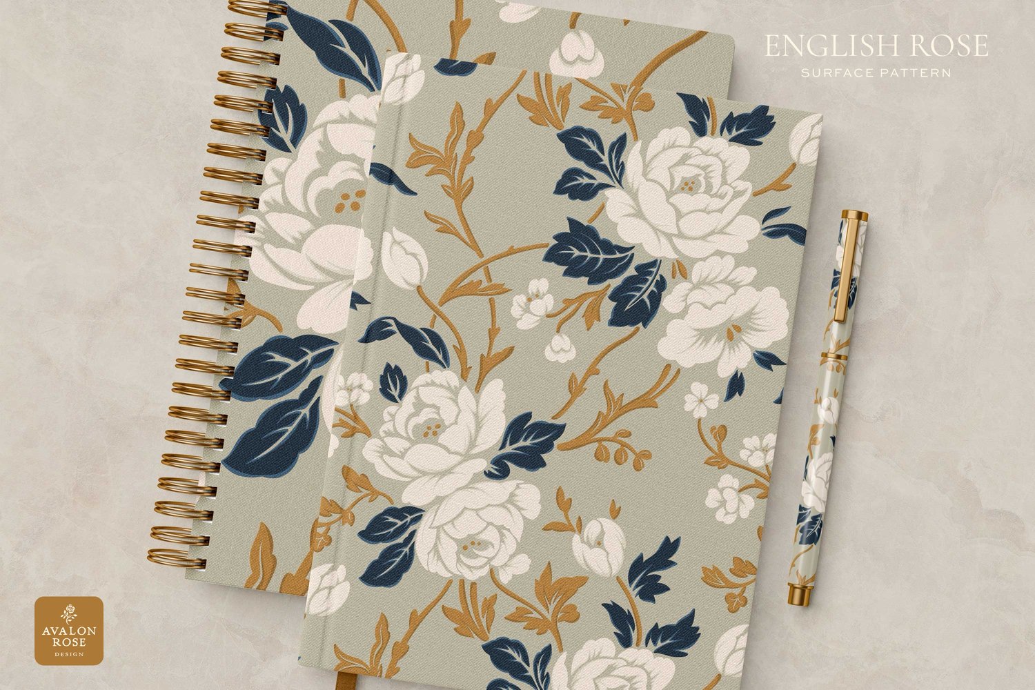 Notebooks with an English rose surface pattern in beige, white, gold and navy