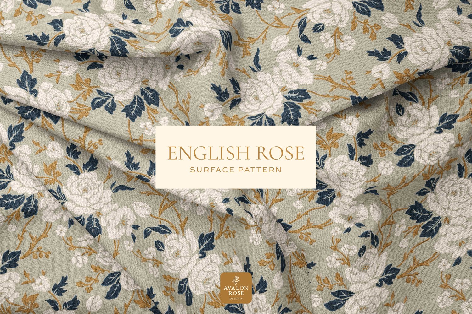 Fabric with an English rose surface pattern in beige, white, gold and navy