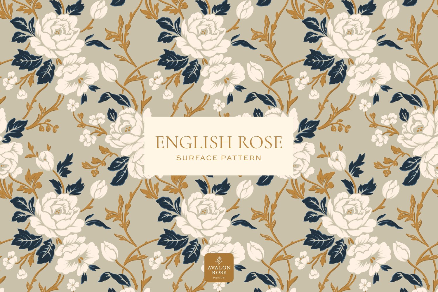 English rose surface pattern in beige, white, gold and navy