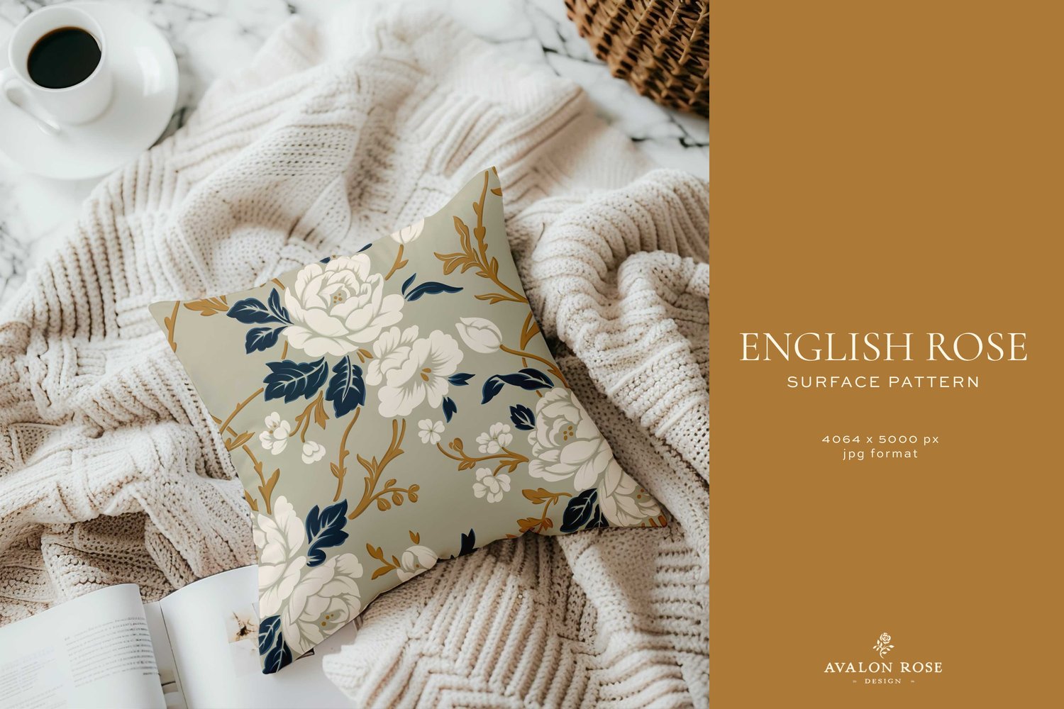 Pillow with an English rose surface pattern in beige, white, gold and navy
