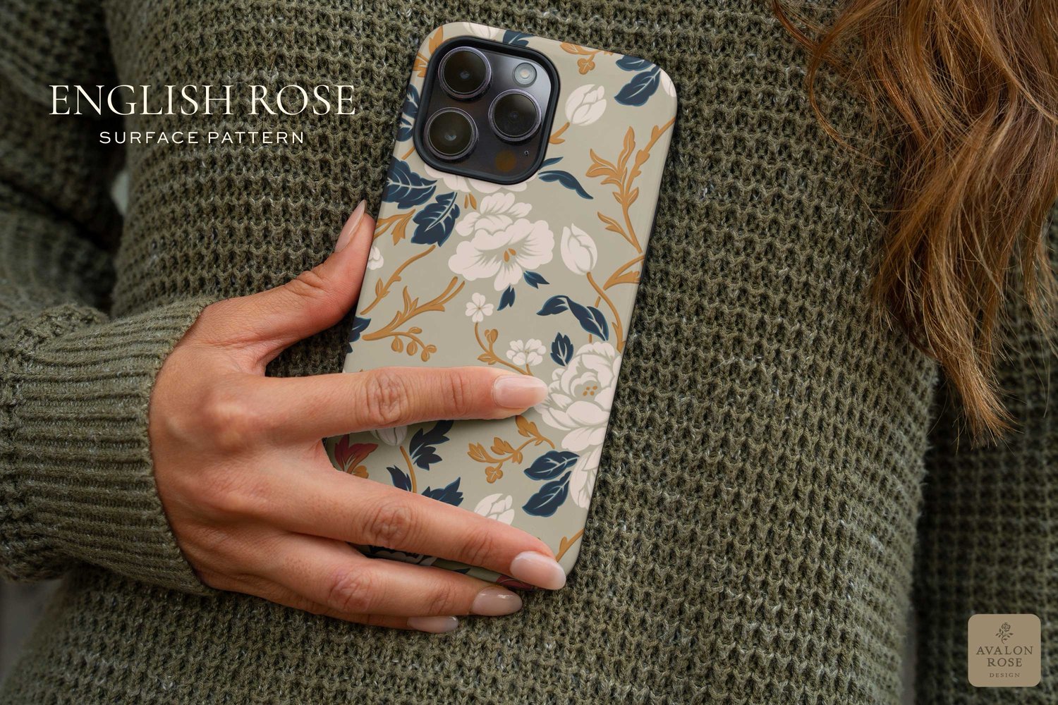 Phone case with an English rose surface pattern in beige, white, gold and navy
