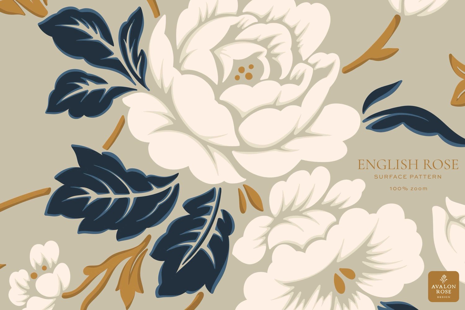 Illustration of a vintage English rose surface pattern in beige, white, gold and navy