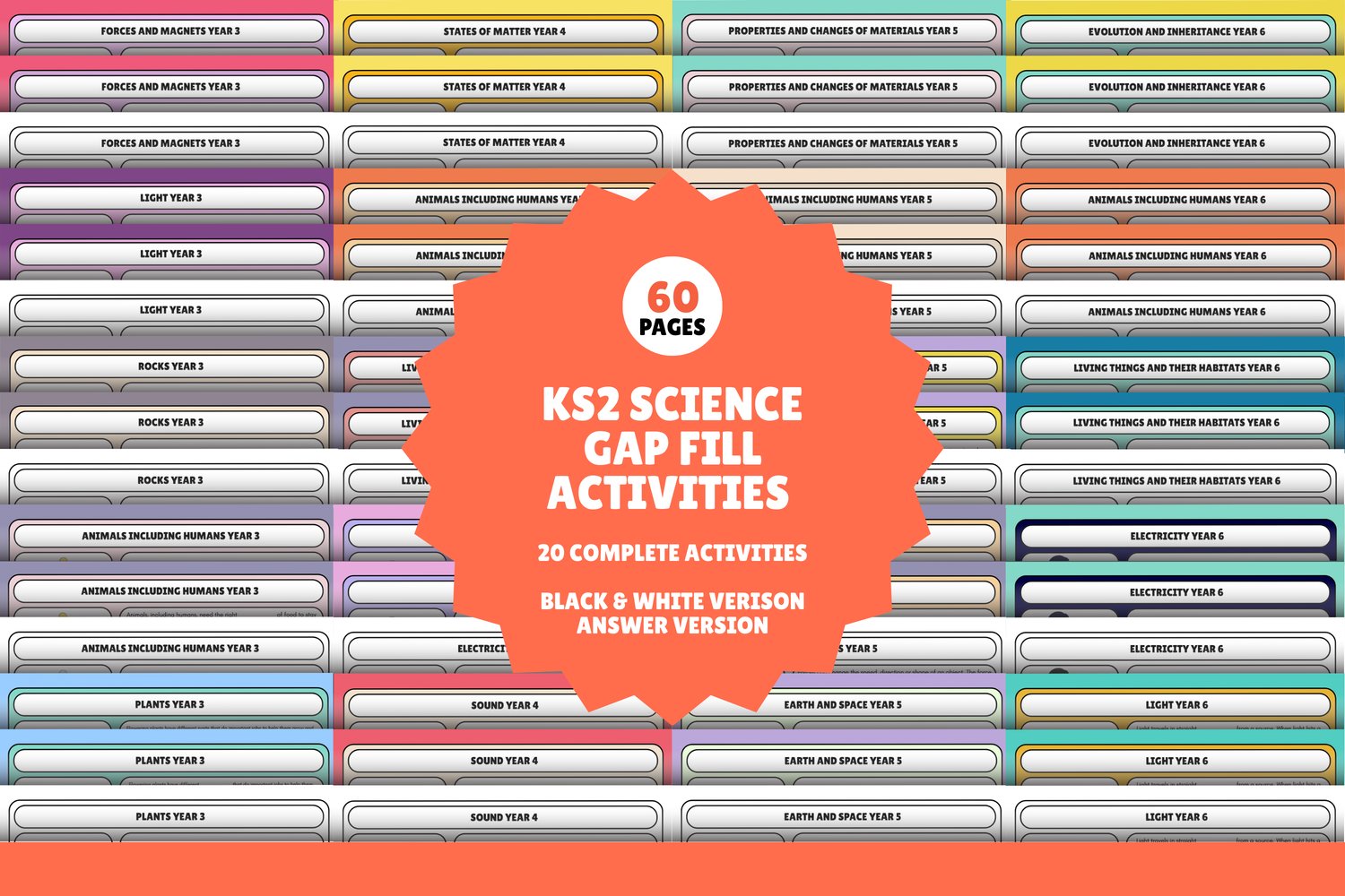 KS2 Science Gap Fill Worksheets Collection – Colour and Printable Versions for Year 3, Year 4, Year 5, Year 6 – Topics: Plants, Animals Including Humans, Rocks, Light, Forces, Living Things, States of Matter, Sound, Electricity, Earth and Space, Evolution