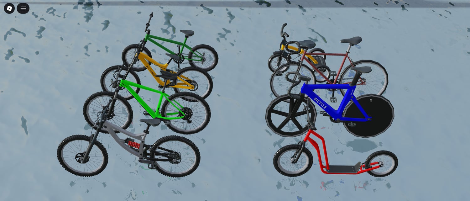 Group of eight bikes displayed in urban setting Roblox